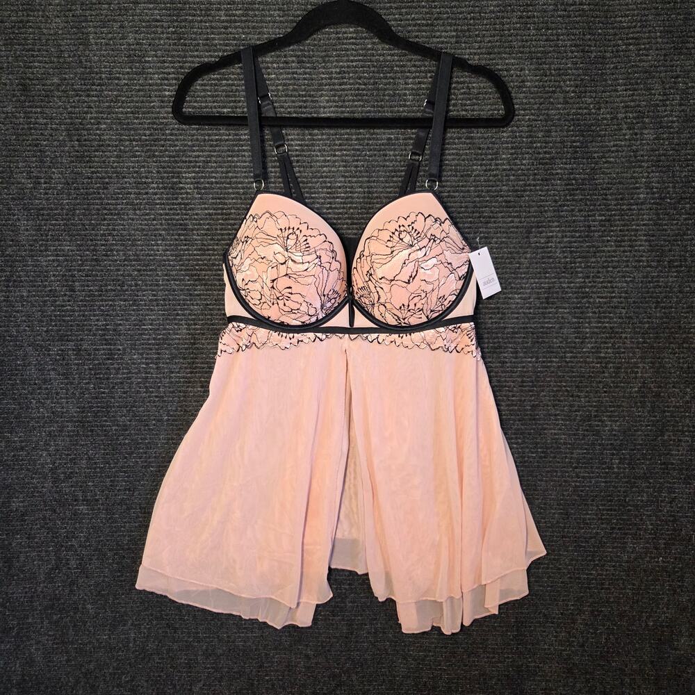 Auden Pink Black Lace Babydoll Lingerie Set Underwire Padded Thong NWT Size L